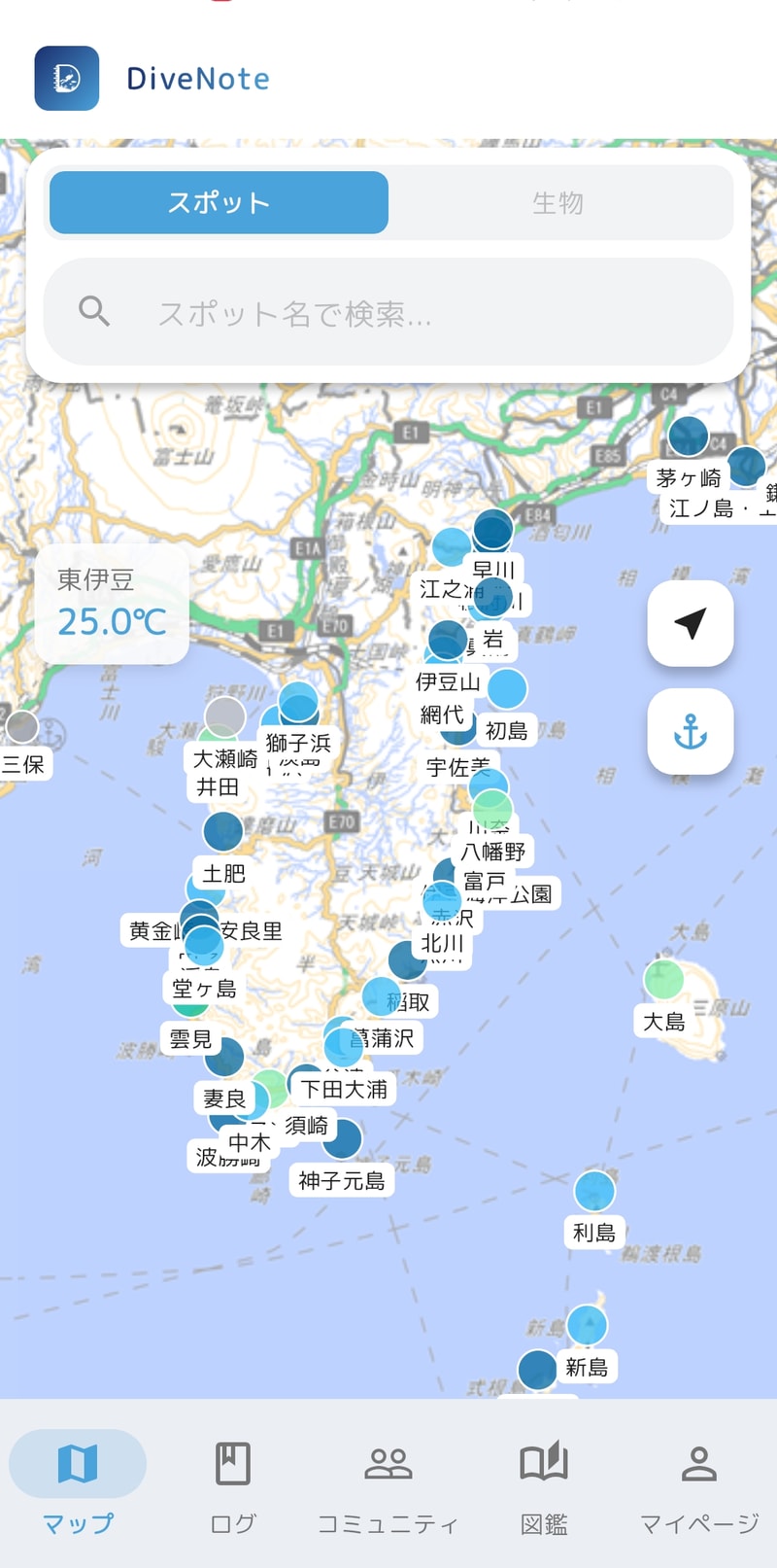 DiveNoteのマップ画面（伊豆半島エリアのダイブスポット一覧）
